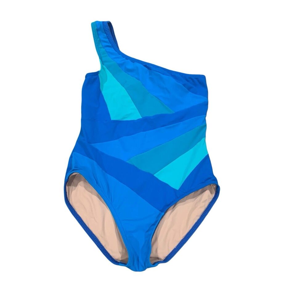 Karla Coletto Womens Blue Colorblock One Shoulder Ruched Swimsuit 6 Beach Cruise